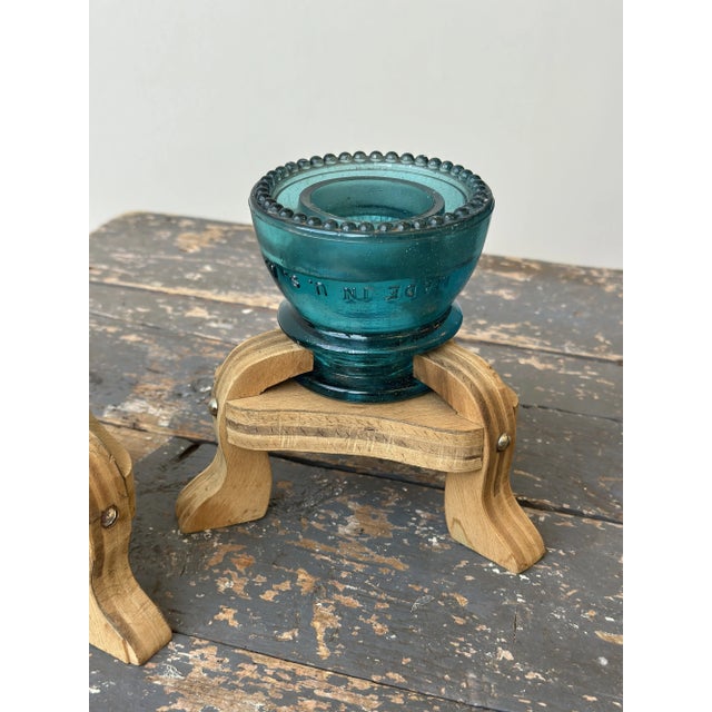 Vintage Make-Do Hemingray Glass Insulator Candleholders With Laminated Wood Bases, a Pair, Circa Mid 20th Century For Sale In New York - Image 6 of 18