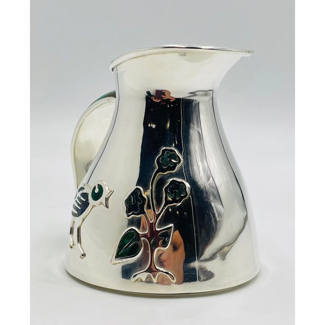 Mexican 1960s Los Castillo Taxco Malachite & Silver Plate Bird Pitcher For Sale - Image 3 of 18