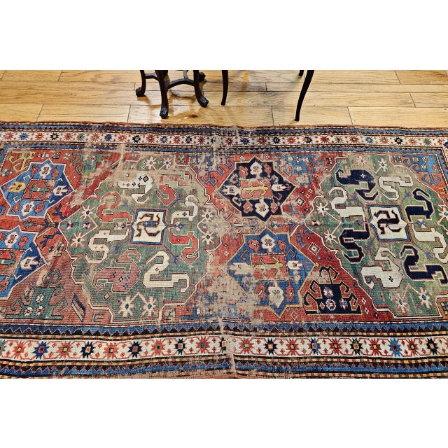 Mid-19th Century Caucasian Cloudband Karabagh Carpet, Hand-Knotted Wool, Green & Blue, 5' x 9' For Sale In Chicago - Image 6 of 17