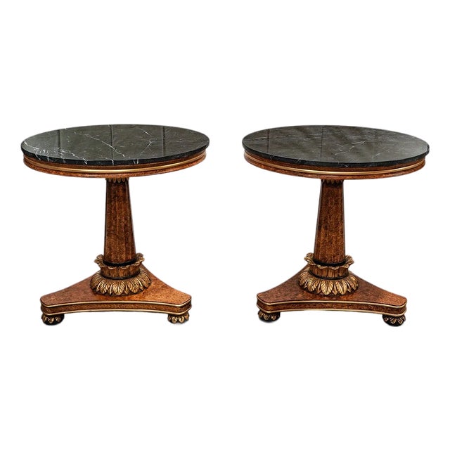 1950s Pair of Biedermeier Style Marble Top Giltwood Round Italian Tables For Sale