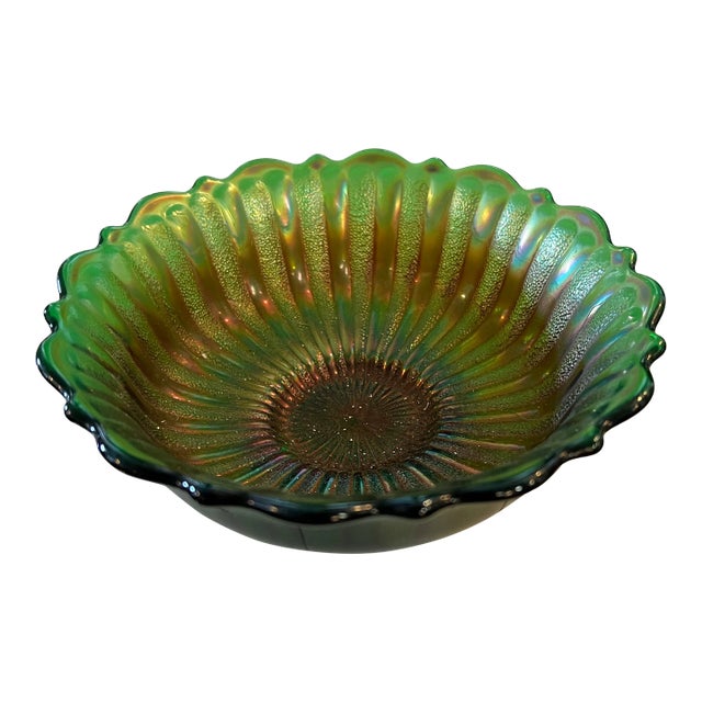 Mid Century Fenton Style Green Carnival Glass Bowl For Sale