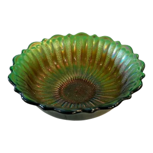 Mid Century Fenton Style Green Carnival Glass Bowl