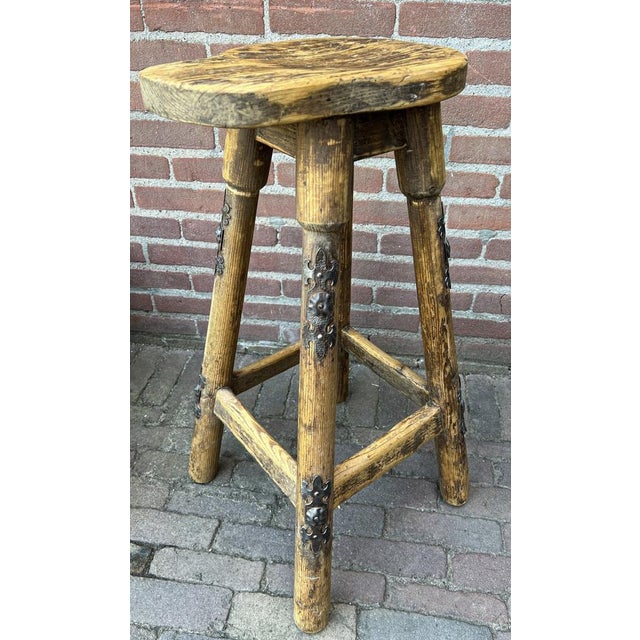 Industrial Rustic Pine Stool with Iron Decoration, 1970s For Sale - Image 15 of 16