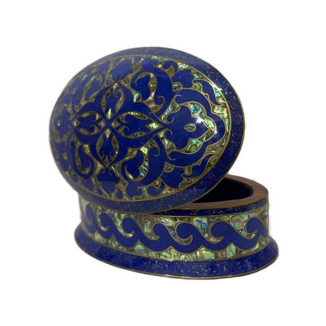 Handmade Lapis & Mother of Pearl Jewelry Box - Oval Trinket Box From Egypt For Sale - Image 4 of 7