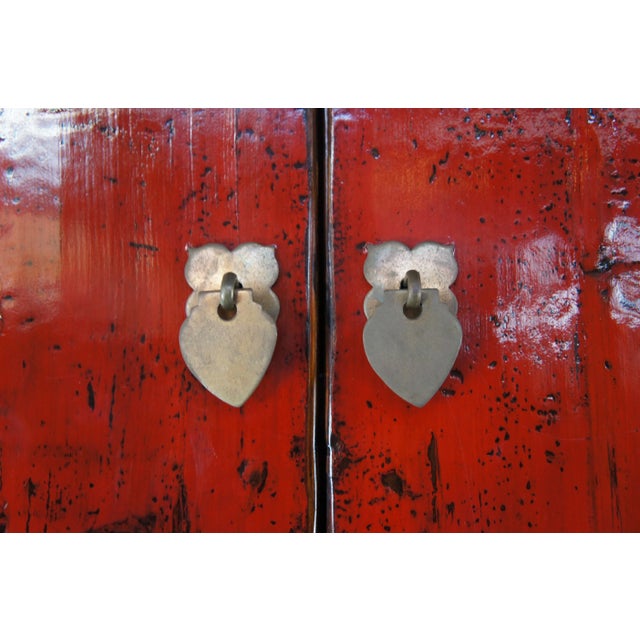 Antique 19th C. Chinese Red Lacquer Elm Armoire Wardrobe Linen Press For Sale - Image 9 of 12