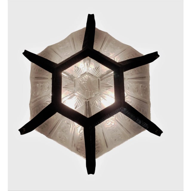 Early 20th Century Early 20th Century French Art Deco Hand Forged Iron + Glass Chandelier With Scroll + Flowers by Verrerie Des Hanots For Sale - Image 5 of 12