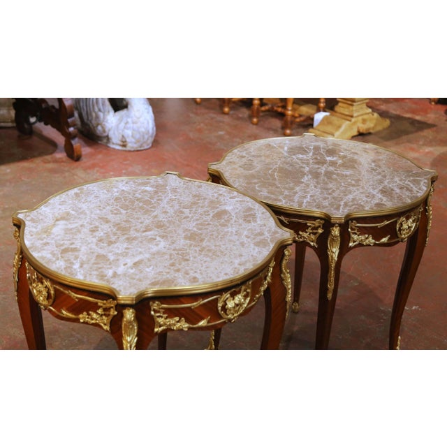 Pair of Mid-C. French Louis XV Marble-Top Mahogany & Ormolu Mounted Side Tables For Sale - Image 4 of 11