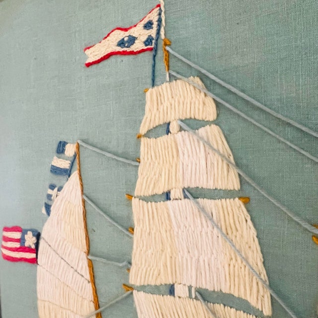 Large 1970s Nautical Crewel Embroidery Clipper Ship “Nantucket Whaler” — Period Execution of Erica Wilson Design, Framed American Folk Art For Sale - Image 4 of 12
