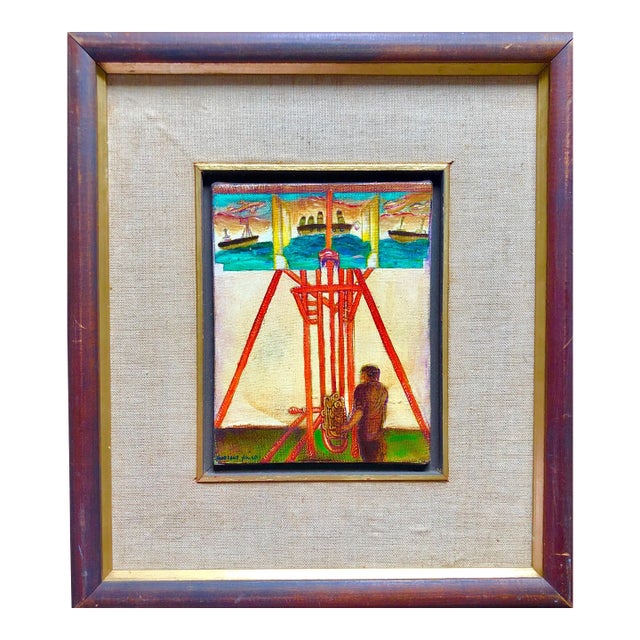 Pincas Moren, Surrealist Bulgarian French Israeli Riviera Scene Boats Oil Painting For Sale