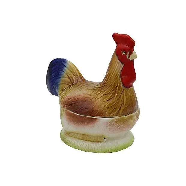 French figural rooster tureen. Maker's mark on bottom. Made in Portugal and hand-painted in France for the French market....