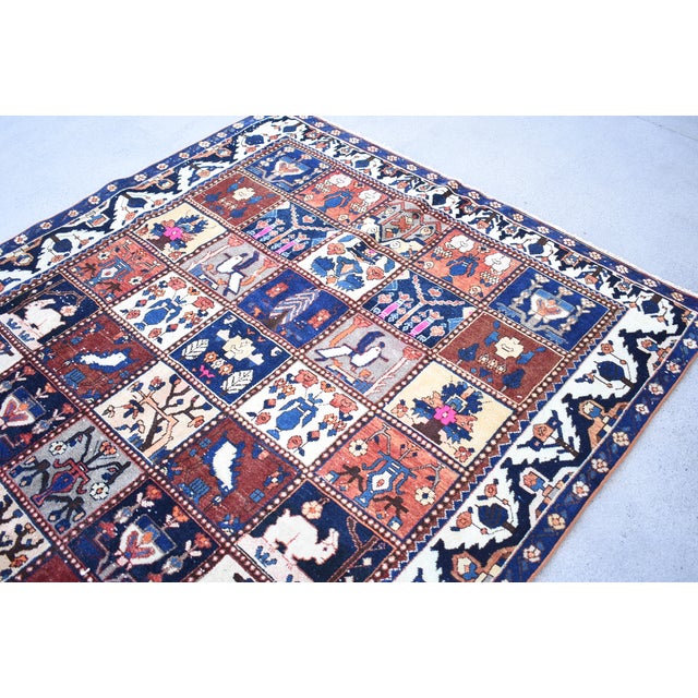 1970s 5.4 X 9.3 Ft Hand-Knotted Turkish Vintage Rug - Blue & Red Pictorial Grid Pattern For Sale - Image 5 of 10