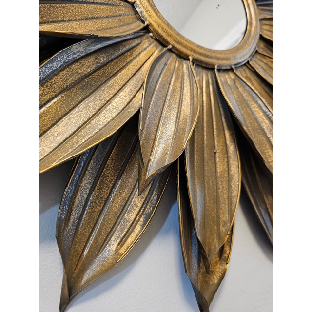 Mid-Century Modern Vintage Hollywood Regency Style Gilt Metal Sunburst Mirror For Sale - Image 3 of 3