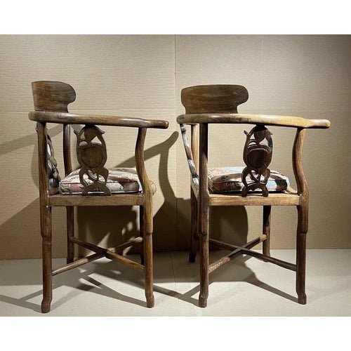 Pair of Mid 19th Century Chinese Huanghuali & White Marble Inset Corner Arm Chairs. Custom cushions that velcro in place....