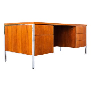 Vintage 1960s Mid Century Modern Teak & Chrome Executive Desk After Florence Knoll For Sale