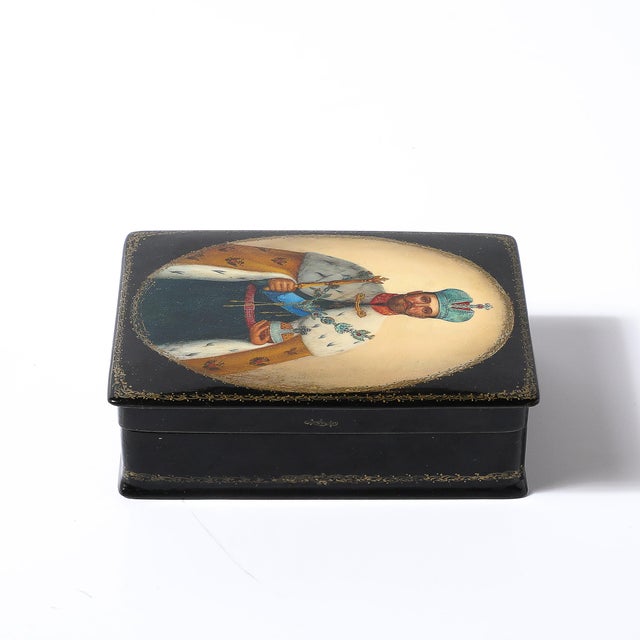 Hand-Painted Russian Box of Tsar Nicholas II With Vermillion Red Interior For Sale In New York - Image 6 of 13