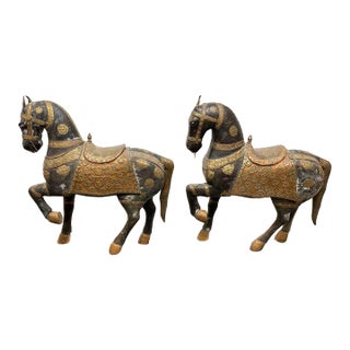 Pair of Antique Hand Carved Marwari War Horse Sculptures Pair Indian Wood Brass Copper For Sale