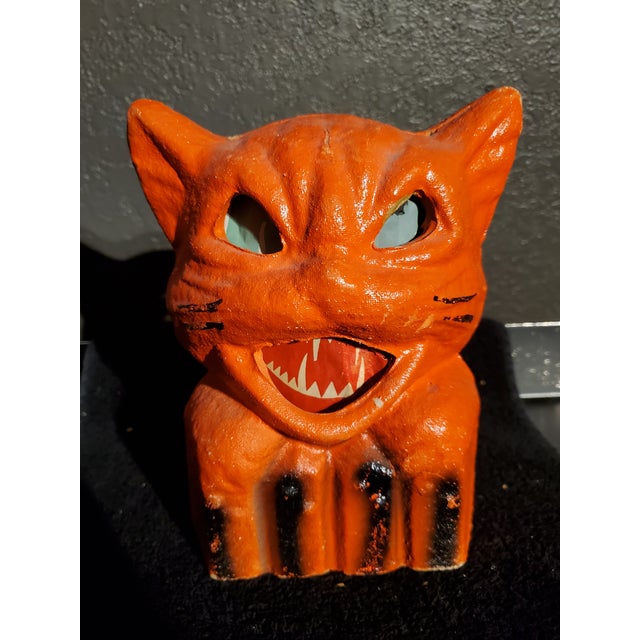 Vintage Molded Papier-Mâché Halloween Orange Cat Candy Container / Lantern For Sale - Image 10 of 11