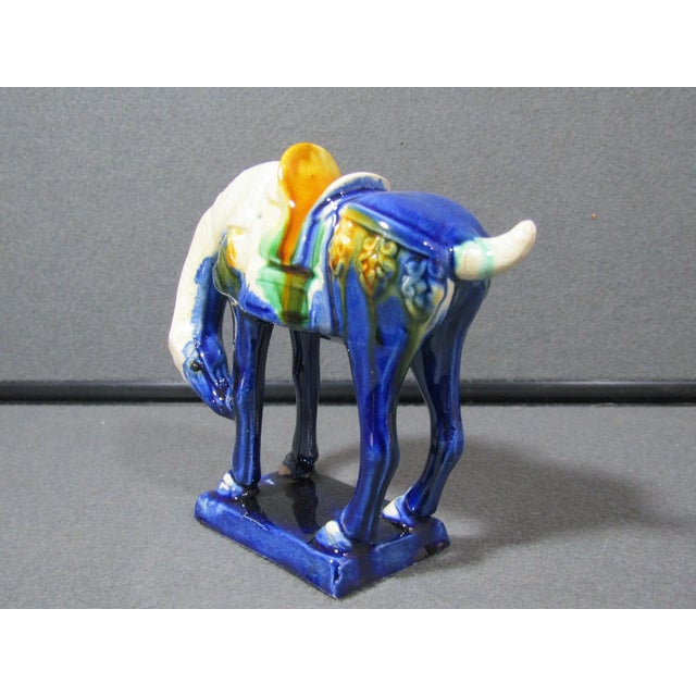 1990s Vintage Blue Chinese Tang Dynasty Style Sancai Glaze War Horse Marked (H1) For Sale - Image 5 of 8