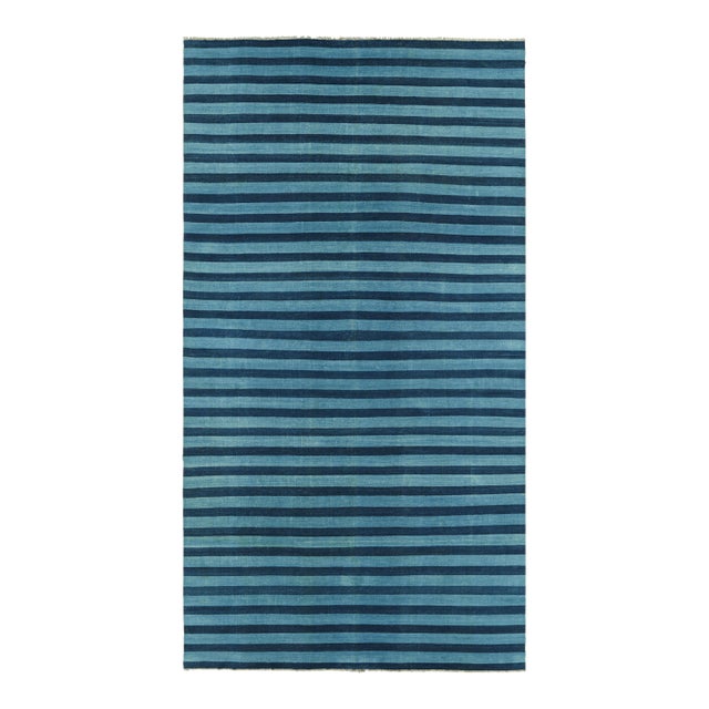Rug & Kilim's Oversized Contemporary Dhurrie Rug in Blue Geometric Stripes - 13x19 For Sale