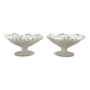 Mid 20th Century Fenton Silver Crest Milk Glass Ruffle Edge Candy Dishes - A Pair