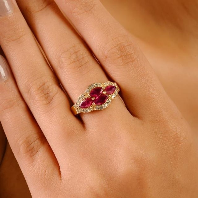 Vintage Inspired Cluster Ruby Diamond Cocktail Ring Size 5 in 14k Yellow Gold For Sale In New York - Image 6 of 16