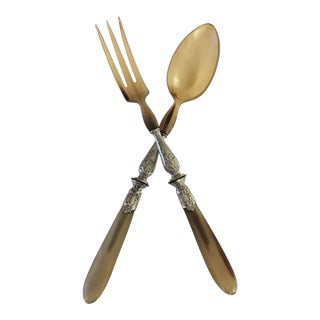 1910s French Art Deco Horn & Silver Salad Servers - Pair For Sale