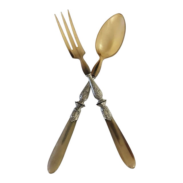 1910s French Art Deco Horn & Silver Salad Servers - Pair For Sale