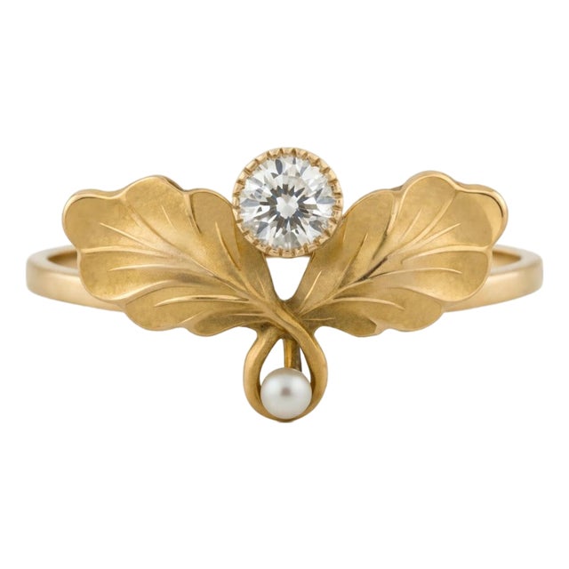Art Nouveau–Inspired Moissanite and Pearl Botanical Ring in 14k Gold, Size 7.5 For Sale