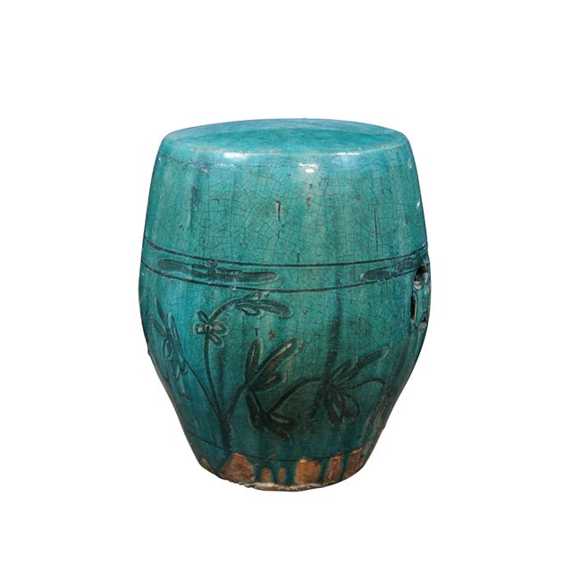 Chinese Antique Chinese Green Turquoise Teal Glazed Garden Stool Pedestal Table For Sale - Image 3 of 12