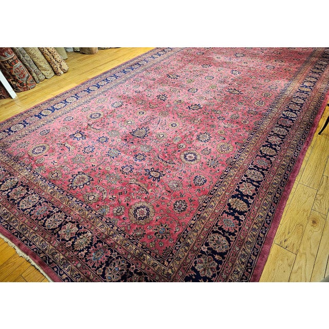 Early 20th Century Vintage Oversize Tabriz Design Rug, Hand-Knotted Wool, Allover Geometric Pattern, Pale Red & Navy, 13x24 For Sale - Image 5 of 16