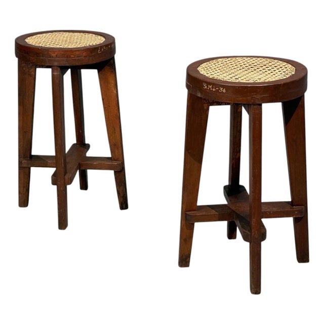 Pierre Jeanneret, High Stools, Cane, Teak, Chandigarh, India C. 1960s For Sale