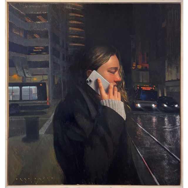 In "Business District, 2025," a figure stands in a bustling urban environment, illuminated by the glow of city lights and...