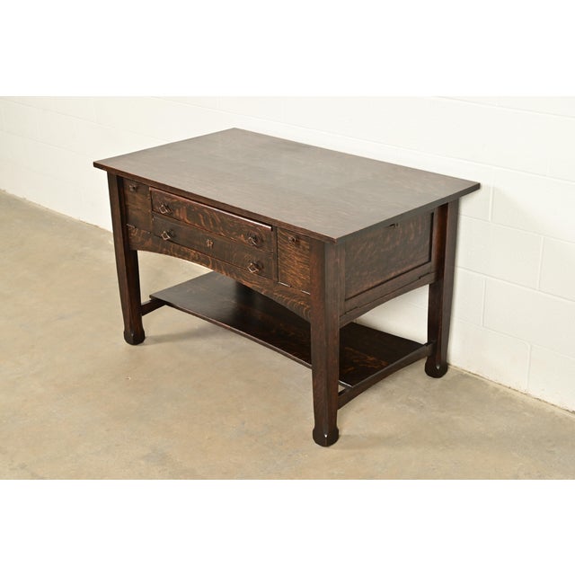 Charles Limbert Stickley Brothers Style Antique Mission Oak Arts & Crafts Desk or Library Table, Circa 1910 For Sale - Image 4 of 18