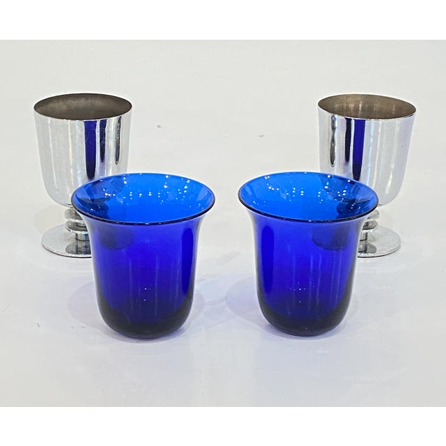 Mid 20th Century Art Deco Era Cobalt Blue Glass Barbell Martini Cocktail Shaker Set From France For Sale - Image 10 of 11