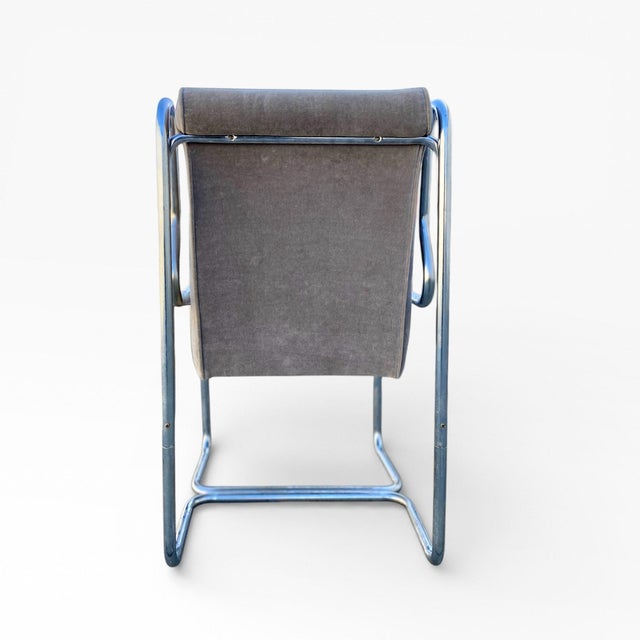 Set of Six 1980s Chrome Cantilever Dining Chairs in Gray Velvet For Sale - Image 4 of 13