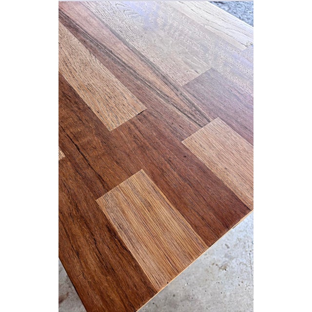 Incredible, evocative and rare Mid Century Brutalist contrasting walnut and oak contrasting inlaid “parquet” plank top...