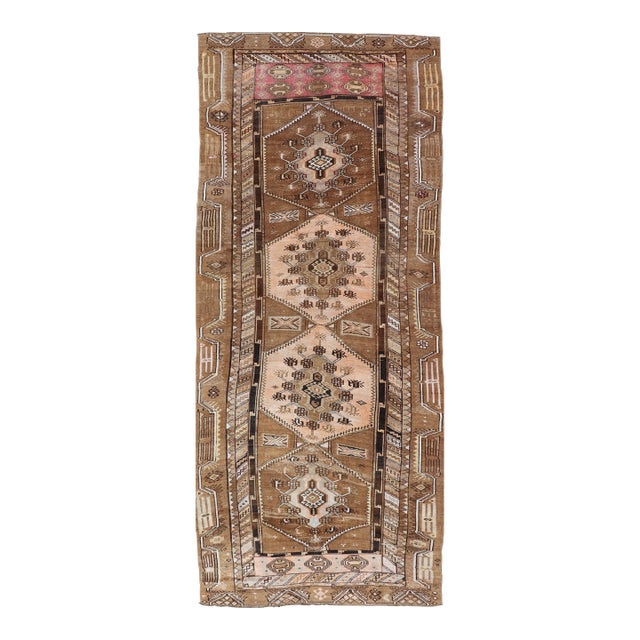 Vintage Hand-Knotted Turkish Kars Galley Rug in Wool With Medallion Design 4'6 X 11'5 For Sale