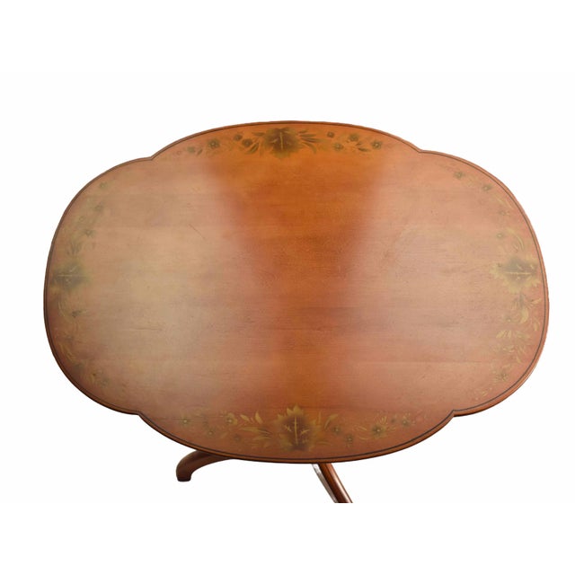 Brown Mid 20th Century L. Hitchcock Harvest Stenciled Scalloped Edge Tilt-Top Candlestick Tea Side Table For Sale - Image 8 of 16