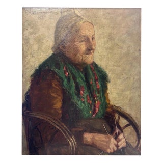 Fritz Hildebrandt, Elderly Lady Knitting, Oil Painting on Canvas For Sale