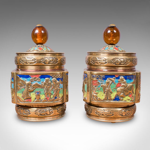 Pair of Small Antique Champleve Tea Caddies, Oriental Spice Pot, Edwardian, 1910 For Sale - Image 6 of 12