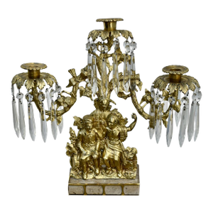 Antique Brass Triple Candle Girandole W/Figures and Hanging Crystals