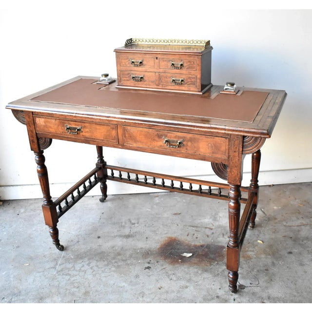 Antique Victorian Burl Walnut & Leather Writing Desk With Letter Box & Inkwells For Sale - Image 4 of 13