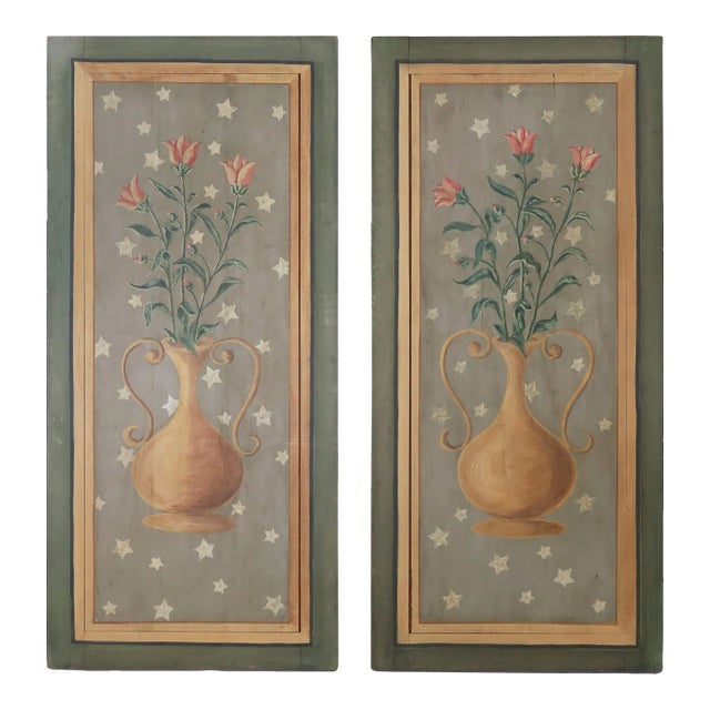 Pair of Antique Wood Decorative Painted Panels For Sale