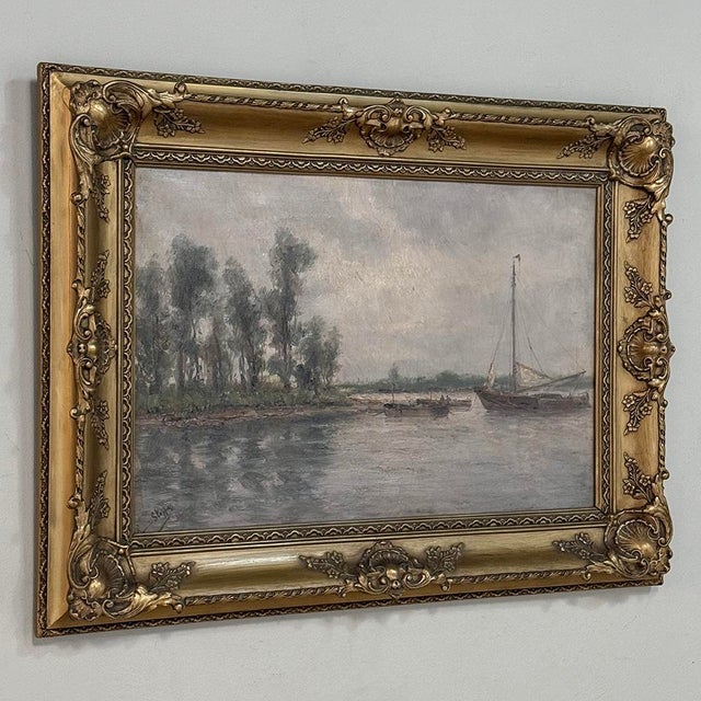 19th Century Belgian Oil on Canvas Painting of Riverboats by Romain Steppe in Original Gilt Frame For Sale - Image 4 of 16