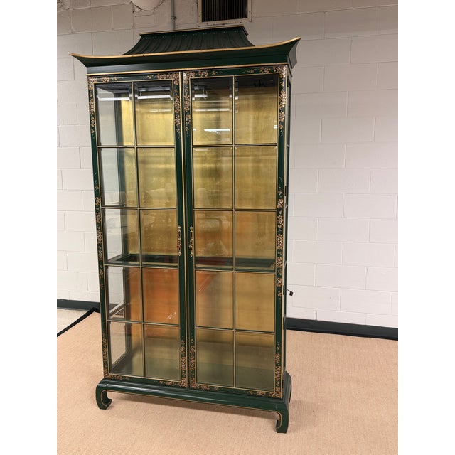 Extraordinarily Rare Pagoda Top Hand Painted Chinoiserie Display Cabinet with Gold Leaf Backing from Union National...