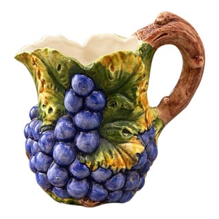 Vintage Bassano Italy Hand Painted Grapevine Ceramic Pitcher French Country For Sale