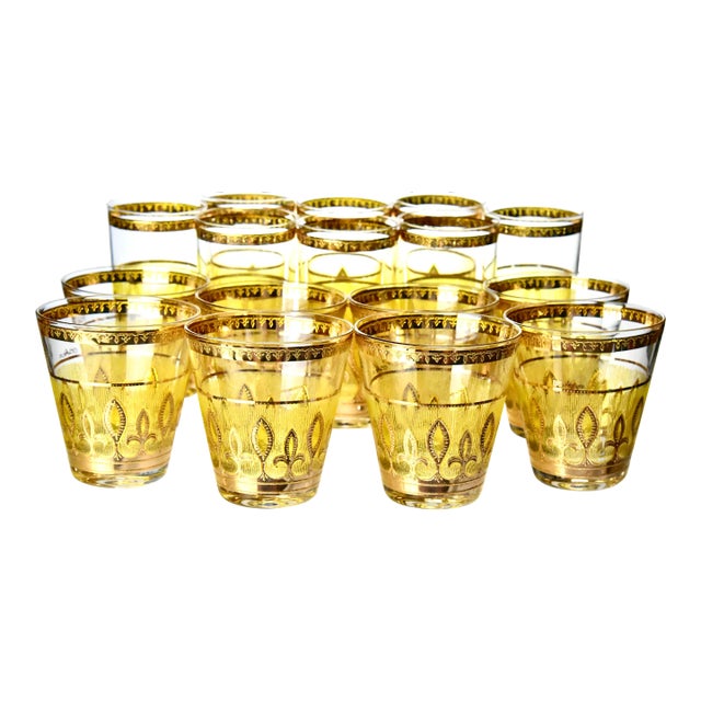 Mid 20th Century, Culver Hollywood Regency Gilded Highball & Lowball Glasses- 16 Pieces For Sale