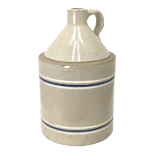 Unusual Antique American 1 Gallon Stoneware Spirits Jug With Blue & White Banded - Striped Decoration