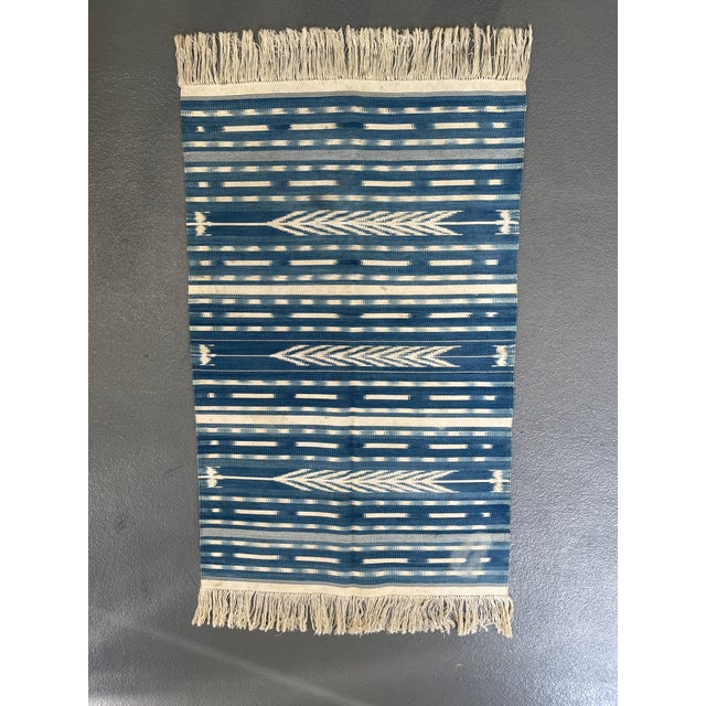 Hand Woven Natural Indigo and White Cotton Flat Weave Dhurrie Rug For Sale - Image 9 of 9