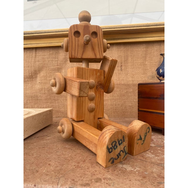 Brown Folk Art Carved Wood Robot, Geometric Figure, Signed 1989 For Sale - Image 8 of 14